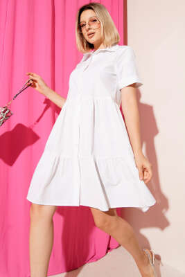 Pazarium - Kısa Kol Mini Elbise Beyaz