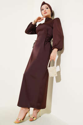 Yanları Çapraz İp Bağlamalı Saten Elbise Acı Kahve - Thumbnail