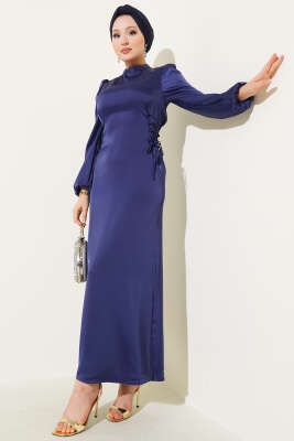 Yanları Çapraz İp Bağlamalı Saten Elbise Lacivert - Thumbnail