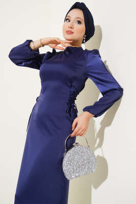 Yanları Çapraz İp Bağlamalı Saten Elbise Lacivert - Thumbnail