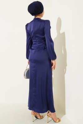 Yanları Çapraz İp Bağlamalı Saten Elbise Lacivert - Thumbnail