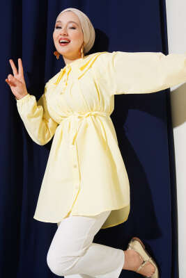 Pazarium - Çift Yaka İp Kuşaklı Gömlek Sarı