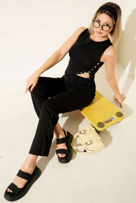 Pazarium - Metal Düğmeli Kolsuz İkili Takım Siyah