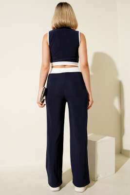 Metal Düğmeli Kolsuz Kaşkorse İkili Takım Lacivert - Thumbnail