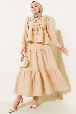 Pazarium - Bebe Yaka İp Bağlamalı Etekli İkili Takım Latte