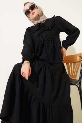 Bebe Yaka İp Bağlamalı Etekli İkili Takım Siyah - Thumbnail