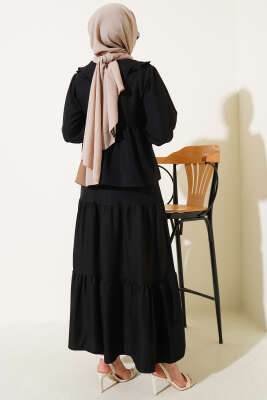Bebe Yaka İp Bağlamalı Etekli İkili Takım Siyah - Thumbnail