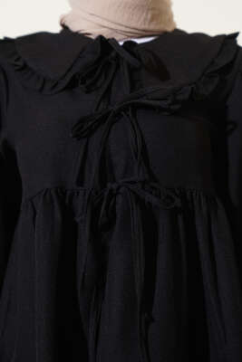 Bebe Yaka İp Bağlamalı Etekli İkili Takım Siyah - Thumbnail