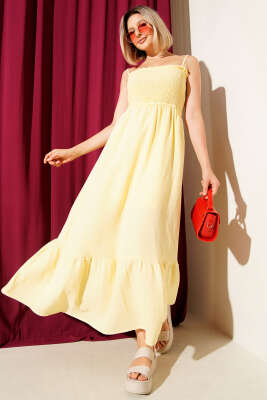 Pazarium - Gipeli İp Askılı Müslin Elbise Sarı