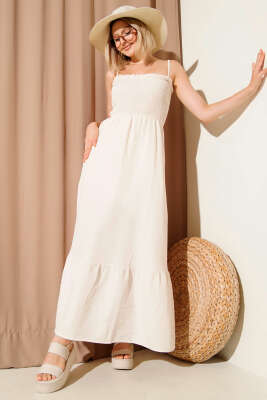 Gipeli İp Askılı Müslin Elbise Bej - Thumbnail