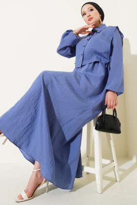 Pazarium - İnce Çizgili Tensel Elbise Indıgo