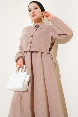 Pazarium - İnce Çizgili Tensel Elbise Latte