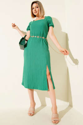 Pazarium - Kare Yaka Bürümcük Midi Elbise Yeşil