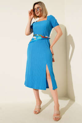 Pazarium - Kare Yaka Bürümcük Midi Elbise Saks