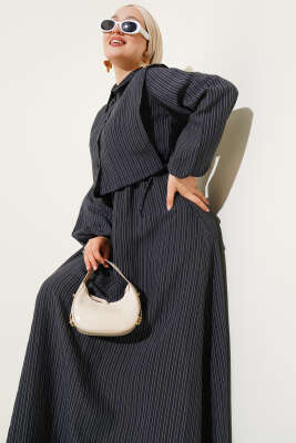 Pazarium - İnce Çizgili Tensel Elbise Siyah