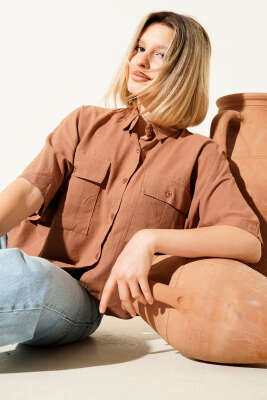 Pazarium - Çift Cepli Keten Gömlek Latte