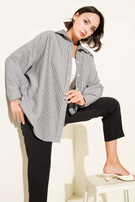 Çizgili Basic Oversize Gömlek Siyah - Thumbnail