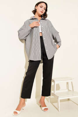 Çizgili Basic Oversize Gömlek Siyah - Thumbnail