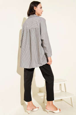 Çizgili Basic Oversize Gömlek Siyah - Thumbnail