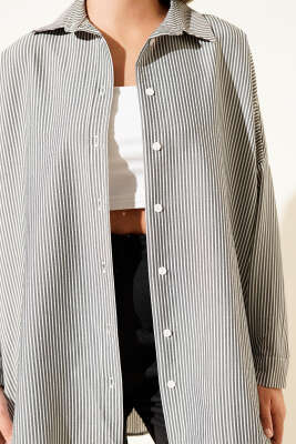 Çizgili Basic Oversize Gömlek Siyah - Thumbnail