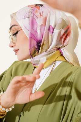 Ebruli Çiçek Desenli Eşarp Yağ Yeşili - Thumbnail