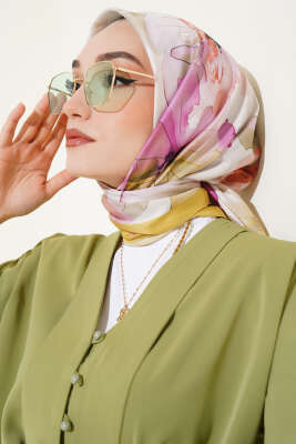 Ebruli Çiçek Desenli Eşarp Yağ Yeşili - Thumbnail