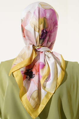 Ebruli Çiçek Desenli Eşarp Yağ Yeşili - Thumbnail