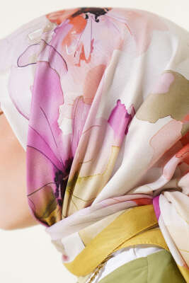 Ebruli Çiçek Desenli Eşarp Yağ Yeşili - Thumbnail