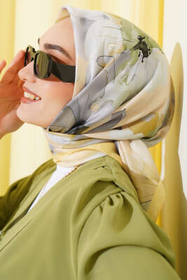 Ebruli Çiçek Desenli Eşarp Sarı - Thumbnail