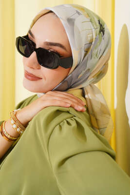 Ebruli Çiçek Desenli Eşarp Sarı - Thumbnail