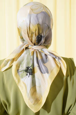 Ebruli Çiçek Desenli Eşarp Sarı - Thumbnail