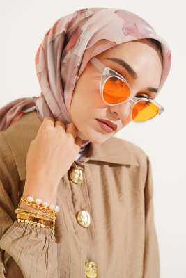 Ebruli Çiçek Desenli Eşarp Latte - Thumbnail