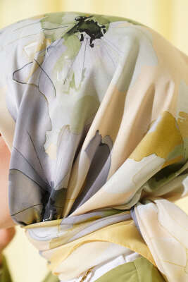 Ebruli Çiçek Desenli Eşarp Sarı - Thumbnail