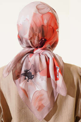 Ebruli Çiçek Desenli Eşarp Latte - Thumbnail