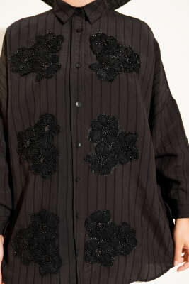 İnci Çiçek Desenli Taşlı Gömlek Siyah - Thumbnail