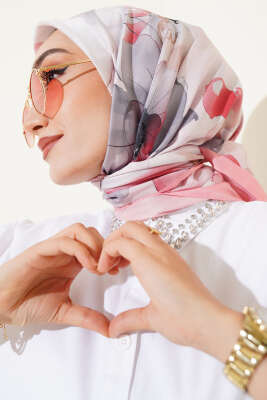 Pazarium - Ebruli Çiçek Desenli Eşarp Pudra