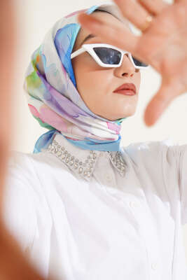 Ebruli Çiçek Desenli Eşarp Bebe Mavi - Thumbnail