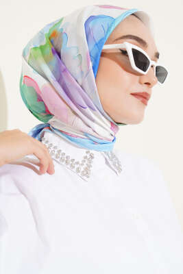 Ebruli Çiçek Desenli Eşarp Bebe Mavi - Thumbnail