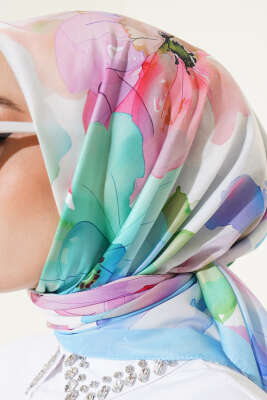 Ebruli Çiçek Desenli Eşarp Bebe Mavi - Thumbnail