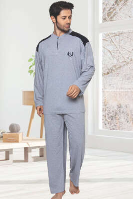 Pazarium - Garnili Uzun Kol Büyük Beden Pijama Takım Gri