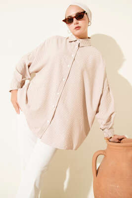 Çizgili Basic Oversize Gömlek Bej - Thumbnail