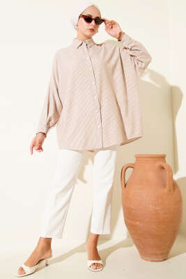 Çizgili Basic Oversize Gömlek Bej - Thumbnail