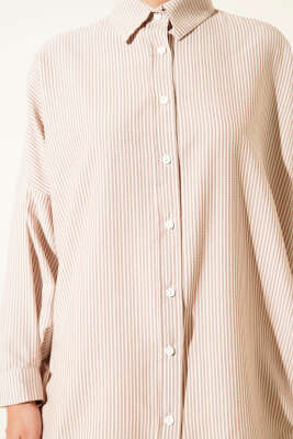 Çizgili Basic Oversize Gömlek Bej - Thumbnail