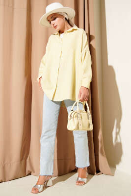 Çizgili Basic Oversize Gömlek Yağ Yeşili - Thumbnail