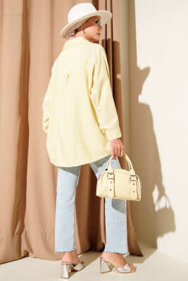 Çizgili Basic Oversize Gömlek Yağ Yeşili - Thumbnail