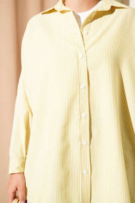 Çizgili Basic Oversize Gömlek Yağ Yeşili - Thumbnail