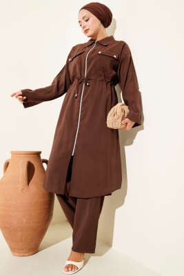 Çift Cepli Tensel İkili Takım Kahve - Thumbnail