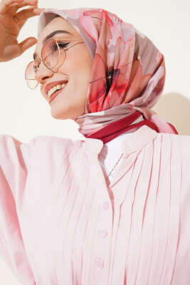 Ebruli Çiçek Desenli Eşarp Bordo - Thumbnail