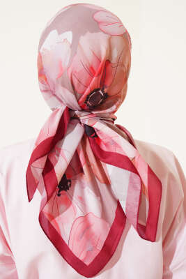 Ebruli Çiçek Desenli Eşarp Bordo - Thumbnail