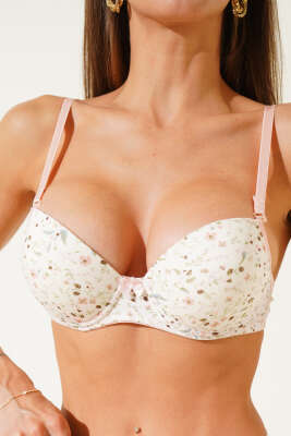 Çiçek Desenli Destekli Sütyen Somon - Thumbnail